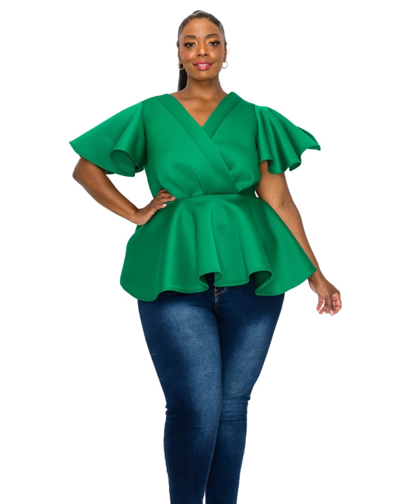 Front of a model wearing a size 3X Siobhan Peplum Top in Green by L I V D. | dia_product_style_image_id:300489